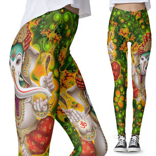 Grönt Ganesh God Hippie Boho Psychedelic Festival Leggings