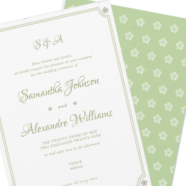 Grönt Garden Minimalist Bröllop Ceremony Inbjudningar (Green Garden Minimalist Script Vow Renewal Old Money Wedding Ceremony Invitation and Attire Details)