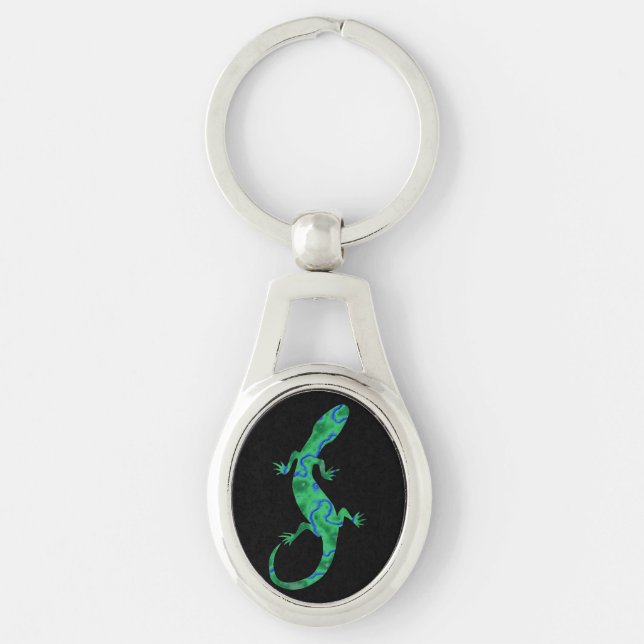 Grönt Gecko Ovalt Silverfärgad Nyckelring (Framsidan)