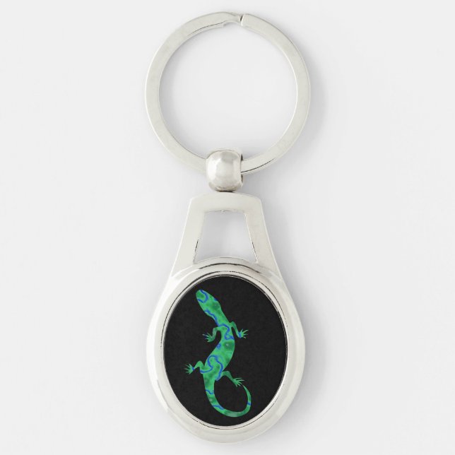 Grönt Gecko Ovalt Silverfärgad Nyckelring (Framsidan)