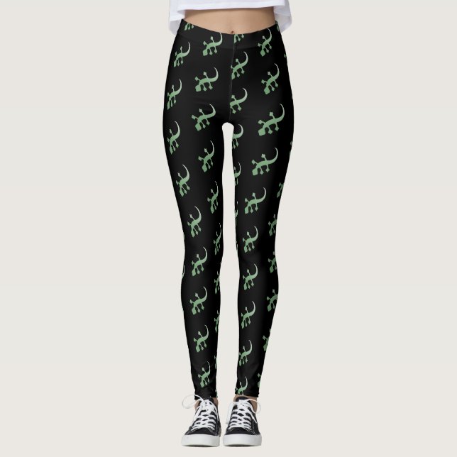Grönt Geckos on Black Leggings (Framsida)