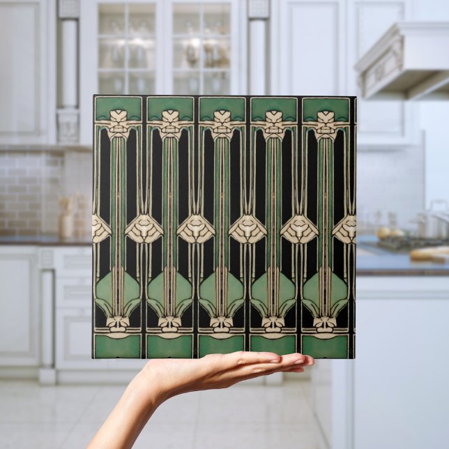 Grönt Geometric Art Deco Art nouveau Kakelplatta (Green Geometric Art Deco Art Nouveau Tile)
