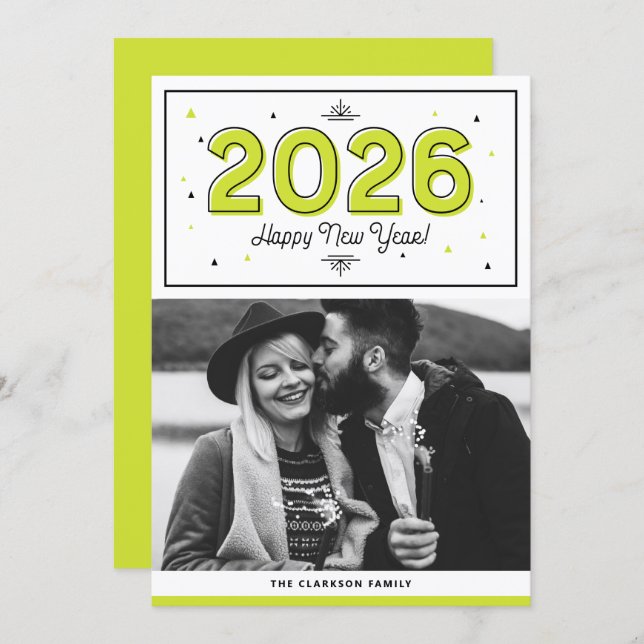 Grönt Geometric Typography Photo Gott nytt år Julkort (Fram/baksida)