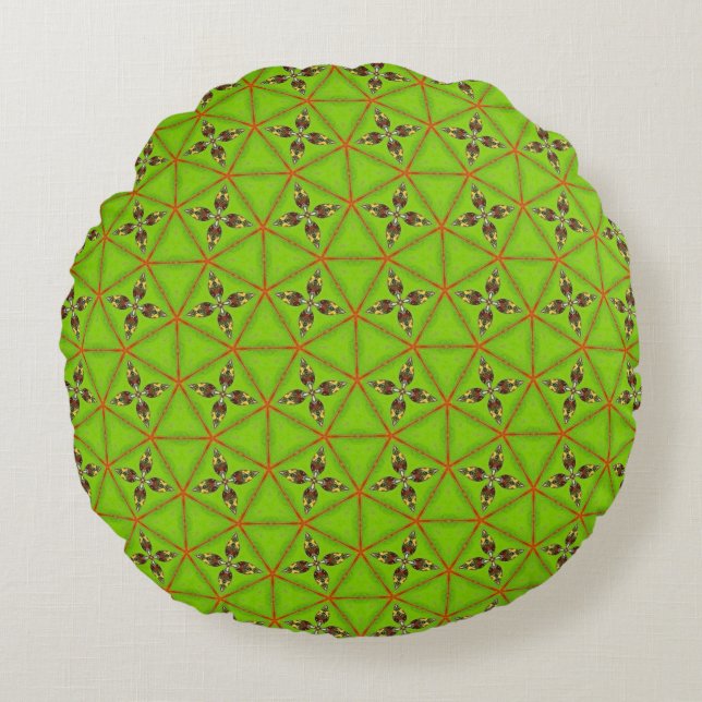 Grönt geometriskt blommigt mönster Rund kudde (Framsidan)