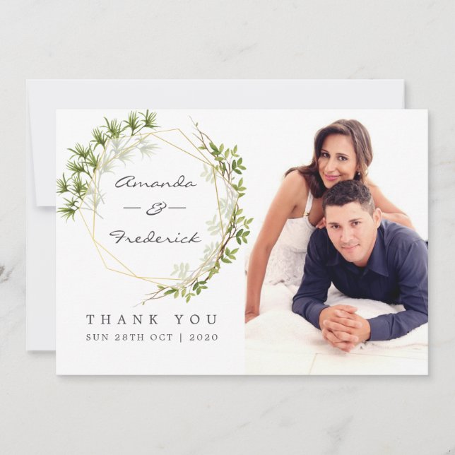 Grönt geometriskt bröllop tack foto kort (Framsida)