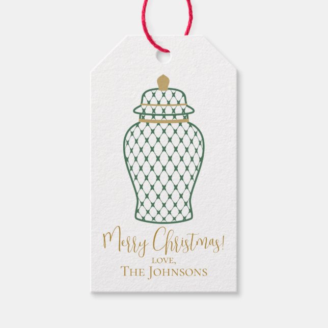 Grönt Ginger Burk, Chinoiserie Anpassningsbar jul Presentetikett (Framsidan)