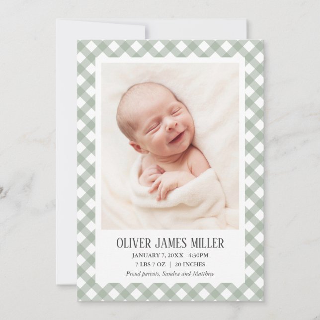 Grönt Gingham Baby Birth Announcement Photo Card Meddelande (Framsida)