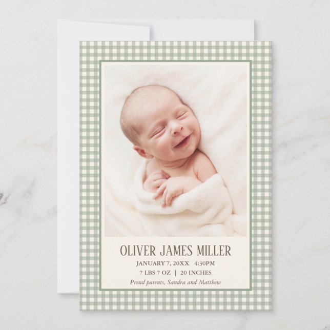 Grönt Gingham Baby Birth Announcement Photo Card Meddelande (Framsida)