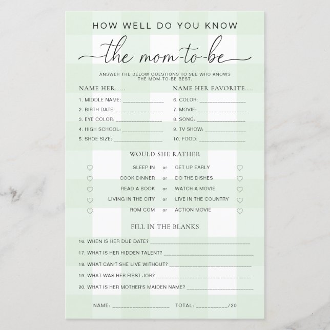 Grönt Gingham Baby Shower känner Mamma till det ko (Framsida)