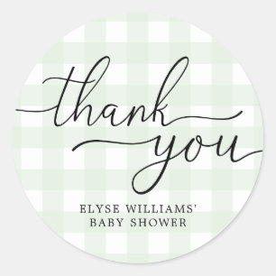 Grönt Gingham Baby Shower Tack Favor Sticker Runt Klistermärke