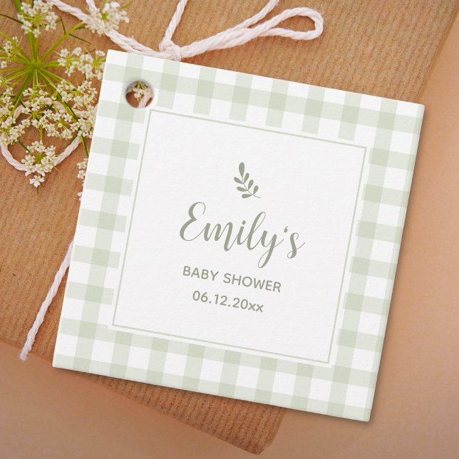 Grönt Gingham Baby Shower Tack för att komma Gåvor Etiketter (Skapare uppladdad)