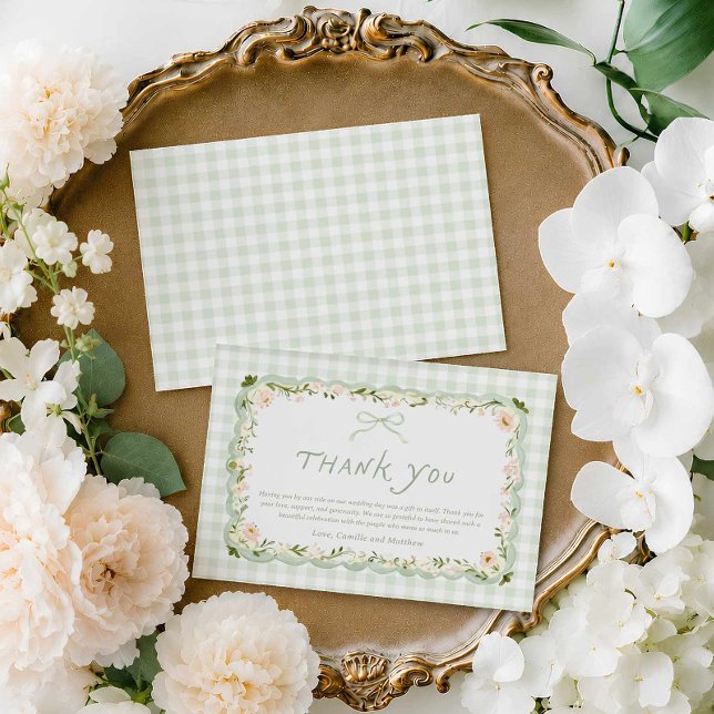Grönt Gingham Blommig Bebis Shower Tacksamhetskort Inbjudningar (Sage Green Gingham Floral Baby Shower Thank you Card)