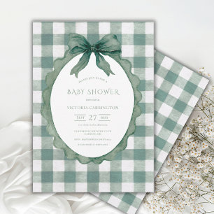 Grönt Gingham Blommig Vintage Baby Shower Inbjudningar