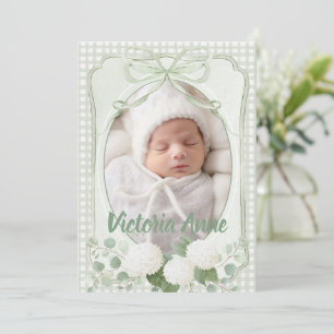 Grönt Gingham Blommig Vintage Födelseannons Inbjudningar