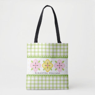 Grönt Gingham Blommigt Monogrammed Tygkasse