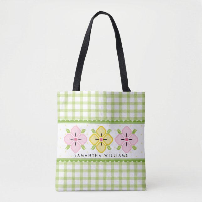Grönt Gingham Blommigt Monogrammed Tygkasse (Framsida)