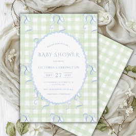 Grönt Gingham Blue Bows Vintage Baby Shower Inbjudningar