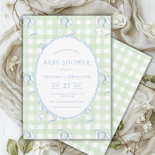 Grönt Gingham Blue Bows Vintage Baby Shower Inbjudningar
