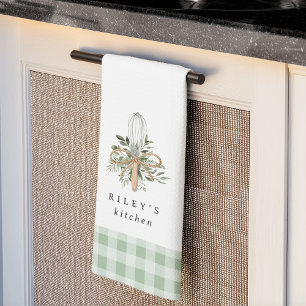 Grönt Gingham Botanical Whisk Personlig Kökshandduk