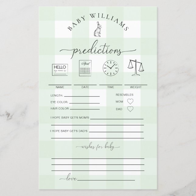 Grönt Gingham Bunny Baby Predictions Game (Framsida)