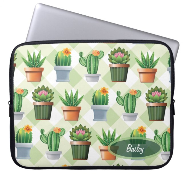 Grönt Gingham Cactus Mönster Laptop Fodral (Framsidan)