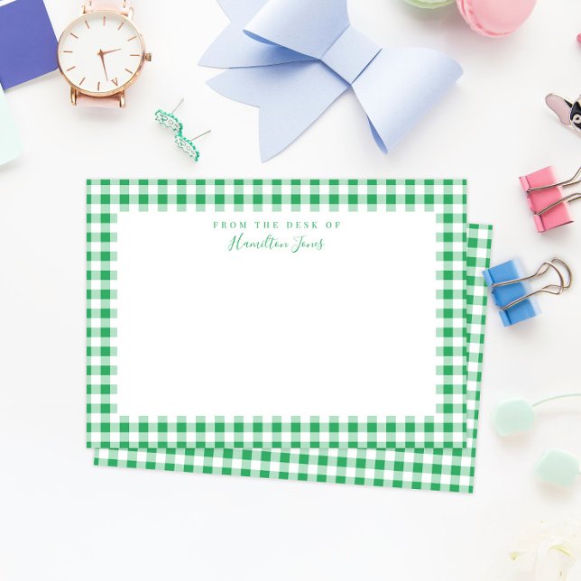 Grönt Gingham Check from the Desk of the Tack Kort (preppy Kelly green and white gingham check personalized with their name stationery for kids)