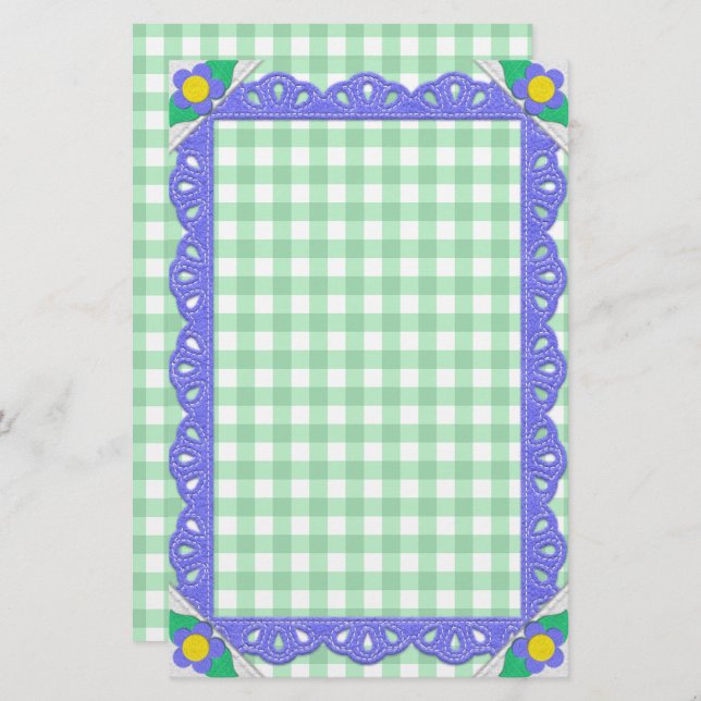Grönt Gingham Check Periwinkle Felt Ram Brevpapper (Fram/baksida)