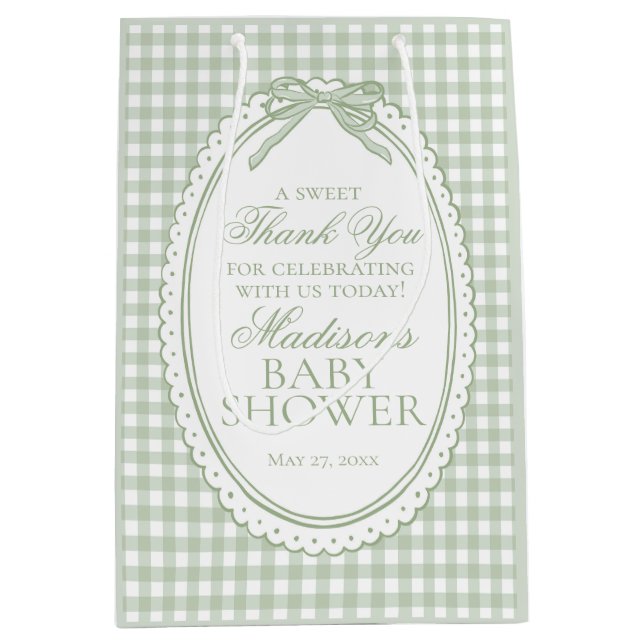 Grönt Gingham Coquette Bow Baby Shower-presenter (Framsidan)