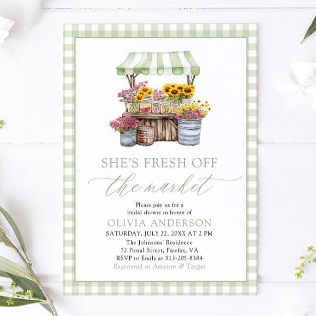Grönt Gingham färsk utanför Möhippan på marknaden Inbjudningar (Green Gingham Fresh Off The Market Bridal Shower Invitation)