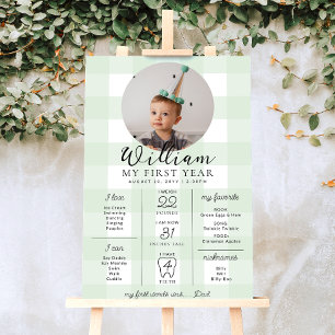 Grönt Gingham First Birthday Milestone Timeline Poster