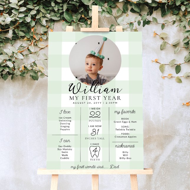 Grönt Gingham First Birthday Milestone Timeline Poster (Skapare uppladdad)