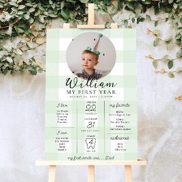 Grönt Gingham First Birthday Milestone Timeline Poster