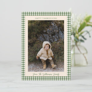 Grönt Gingham Glad Thanksgiving Familjefoto Julkort