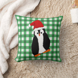 Grönt Gingham jul Penguin och Hälsning Kudde