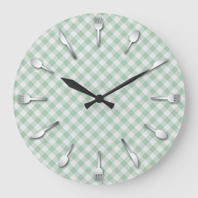 Grönt Gingham Kitchen Clock - Land Western Stor Klocka (Framsida)