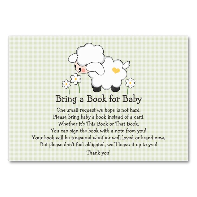 Grönt Gingham LAMB BABY SHOWER BOK REQUEST CARD Bordsnummer (Framsidan)
