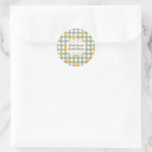 Grönt Gingham Lemon Picnic Play Shower-inbjudan Runt Klistermärke