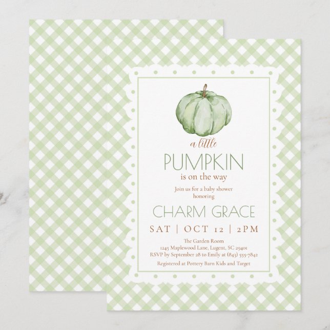 Grönt Gingham Little Pumpkin Baby Shower Inbjudan (Fram/baksida)