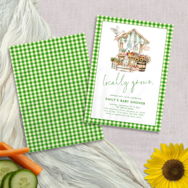 Grönt Gingham Locally Grown Market Baby Shower Inbjudningar (Front and back view)