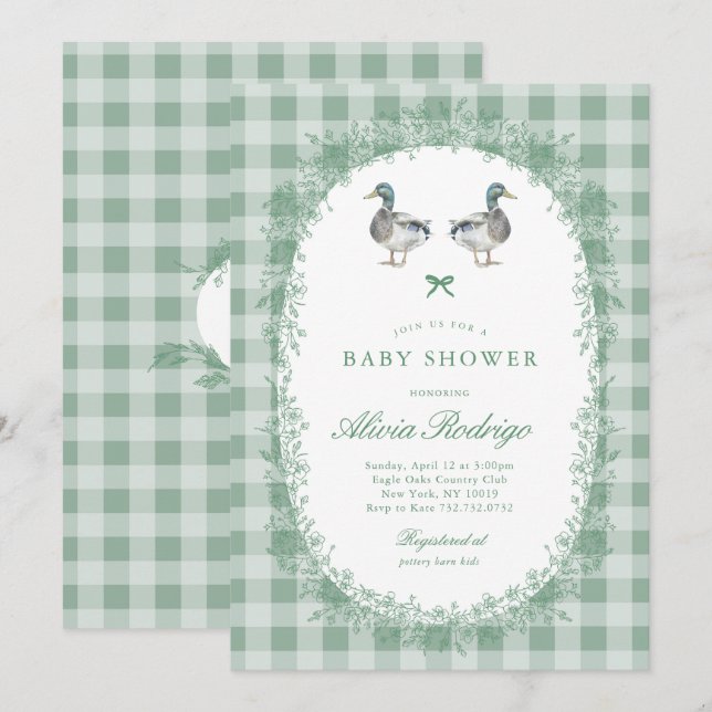 Grönt Gingham Mallard Anka Baby Shower-inbjudan Inbjudningar (Fram/baksida)