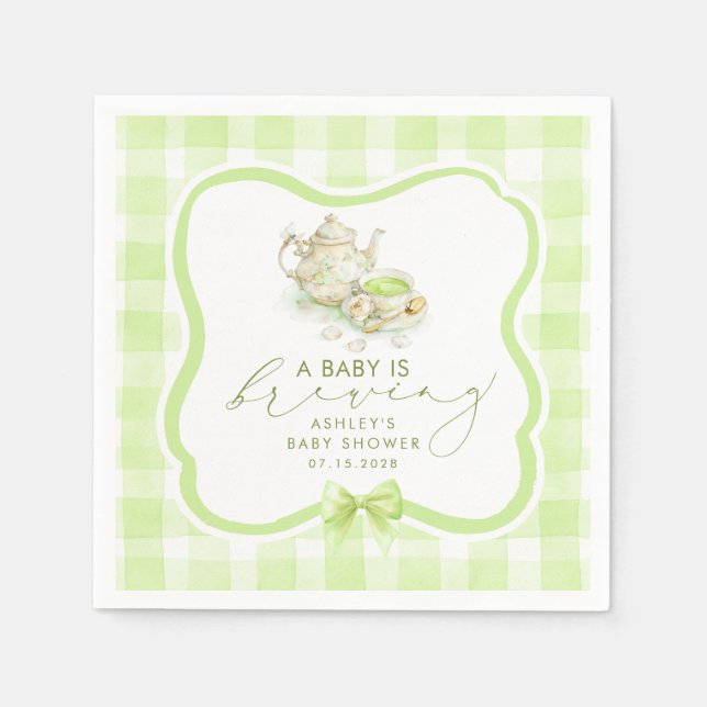 Grönt Gingham Matcha Tea Party Baby Shower Pappersservett (Framsidan)