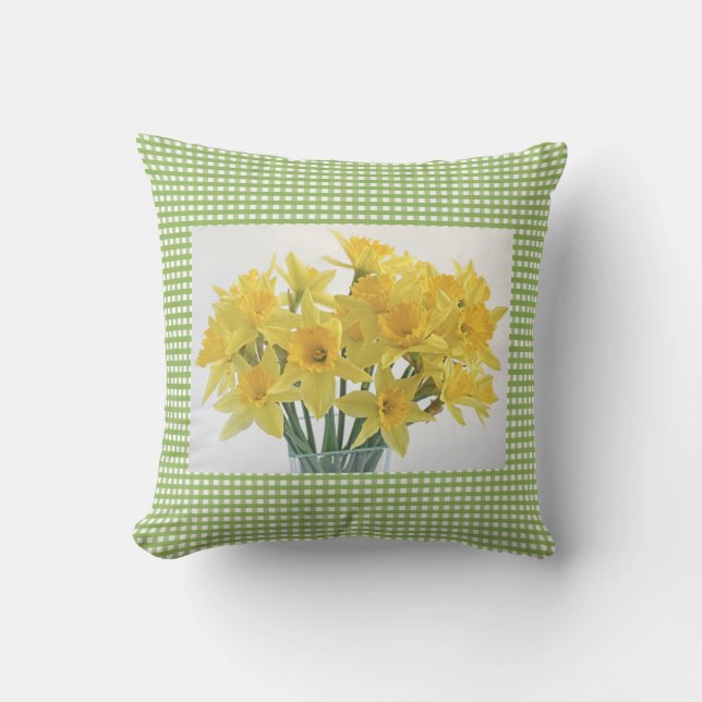 Grönt Gingham med gula Narcisser Fyrkant Kudde (Framsida)