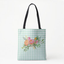 Grönt Gingham med Peony Flowers Tote Bag