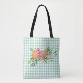 Grönt Gingham med Peony Flowers Tote Bag Tygkasse