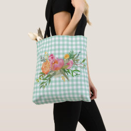 Grönt Gingham med Peony Flowers Tote Bag Tygkasse