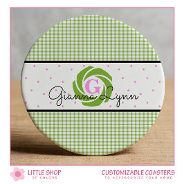 Grönt Gingham Monogram Underlägg Papper Rund