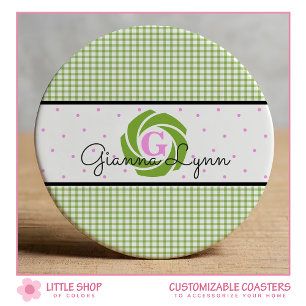 Grönt Gingham-monogram Underlägg Papper Rund