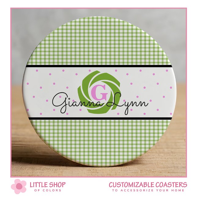 Grönt Gingham Monogram Underlägg Papper Rund (Skapare uppladdad)