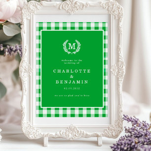 Grönt Gingham Monogram Vapensköld Bröllop Välkomme Poster