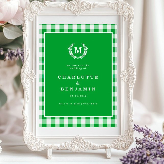 Grönt Gingham Monogram Vapensköld Bröllop Välkomme Poster (Green Gingham Monogram Crest Wedding Welcome Poster)